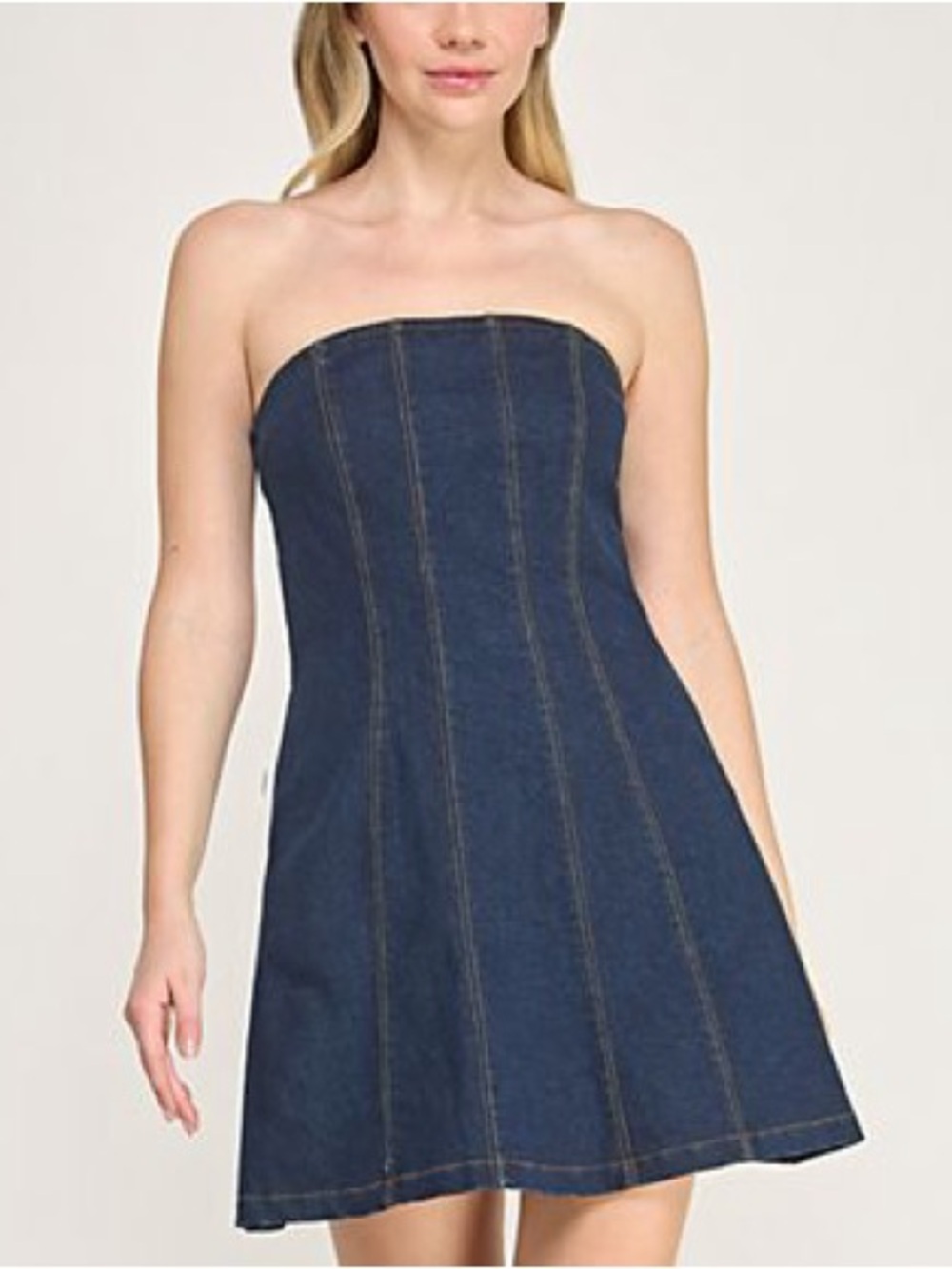 Women’s Strapless Denim Mini Dress with a dark wash